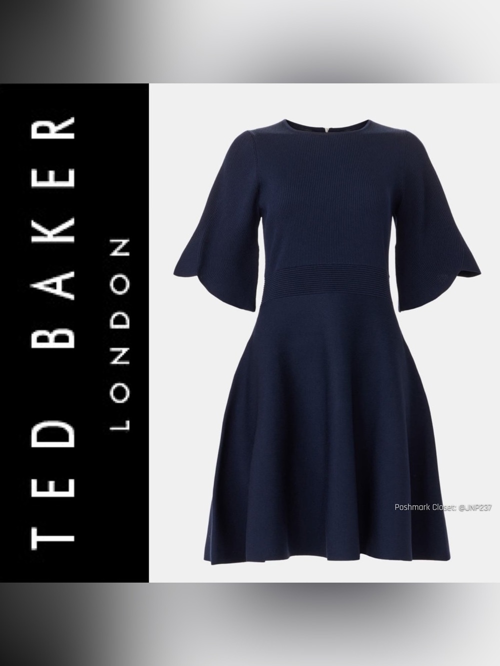 { Ted Baker } “Oliviha” Fit and Flare Bell Sleeve Dress in Navy Blue
